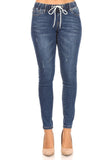 Skinny jeans with elastic waist and waist tie