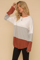 COLOR BLOCK LONG SLEEVE KNIT TOP