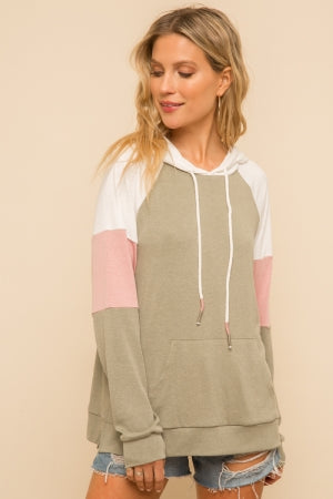 SOFT TOUCH COLOR BLOCK HOODIE WITH COLOR STRING DETAIL