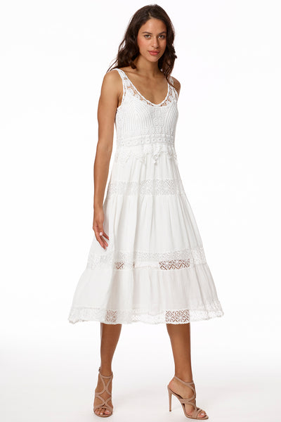 Crochet Bodice Tiered Dress with Lace Trim